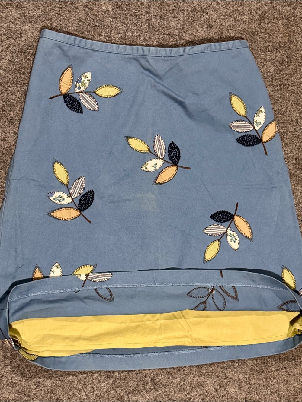 Boden Blue Cotton A-Line Skirt Embroidered Leaf Appliqué Lined Size 16R